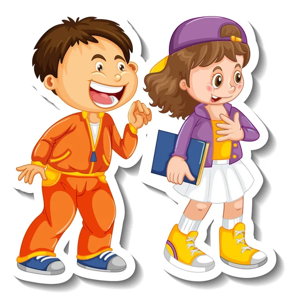 Sticker Template Couple Kids Students Cartoon Character Isolated Illustration — Stock Vector