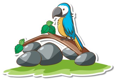 Bir papağan kuşu ağaç etiketinin üzerinde duruyor.