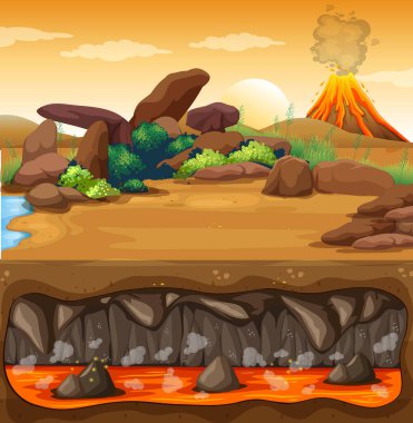 Yeraltı illüstrasyonunda magma ile yanardağ patlaması