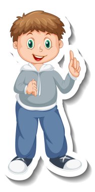 Çıkartma şablonu, mutlu bir çocuğun ayakta durduğu, izole edilmiş bir resim.