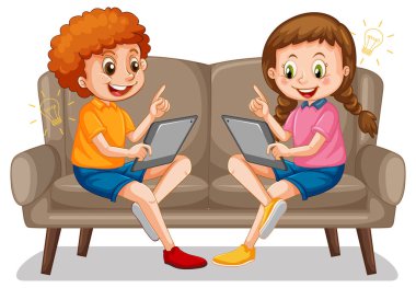 Kız ve erkek kanepede oturup tablet çizimlerinden öğreniyorlar.