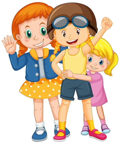 Three Cute Girls Cartoon Character Illustration — Stock Vector