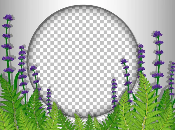 Στρογγυλό Πλαίσιο Διαφανές Μοβ Λουλούδια Και Αφήνει Πρότυπο Εικονογράφηση — Διανυσματικό Αρχείο