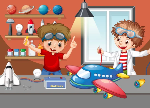 Scéna Dětmi Opravující Letadlo Společně Ilustrace — Stockový vektor