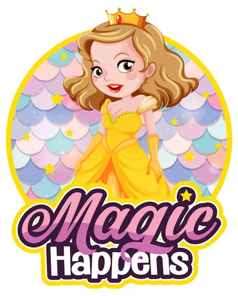 Prinzessin Cartoon Figur Mit Magic Happens Schrift Banner Illustration — Stockvektor