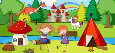 Doğa parkı illüstrasyonunda birçok çocuğun karalama yaptığı bir sahne.