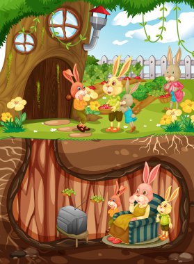 Tavşan ailesi yeraltında yaşıyor. Bahçe sahnesinin zemin yüzeyinde.