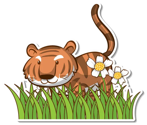 Tigre Debout Dans Champ Herbe Autocollant Illustration — Image vectorielle