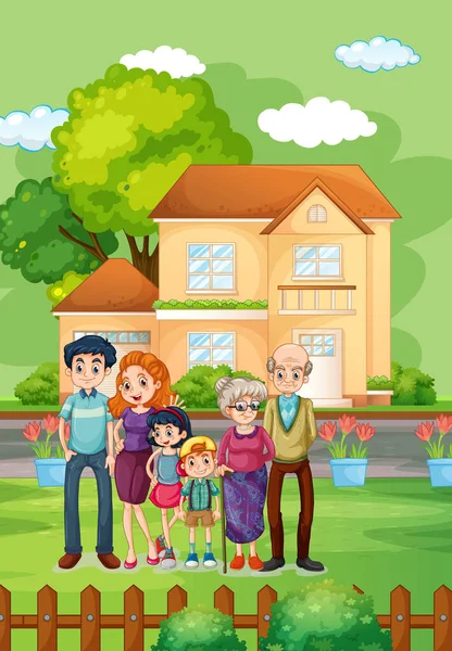 Glückliche Familie Steht Vor Dem Haus Illustration — Stockvektor