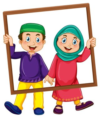 Ahşap çerçeveli şirin Müslüman çocuk ve kız fotoğrafı.