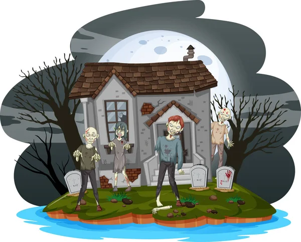 Zombies Assustadores Cemitério Ilustração — Vetor de Stock
