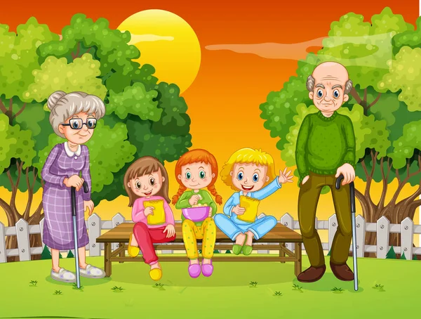 公園のイラストで多くの子供を持つおばあちゃんとおじいちゃん — ストックベクタ