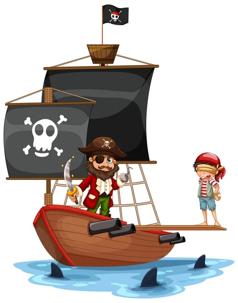 Concepto Pirata Con Personaje Dibujos Animados Niño Caminando Por Tabla — Vector de stock