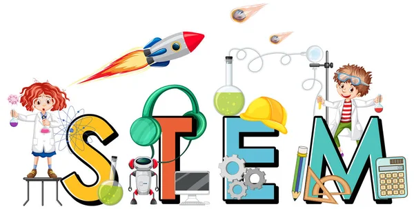 Stem Educazione Logo Con Bambini Cartone Animato Personaggio Illustrazione — Vettoriale Stock