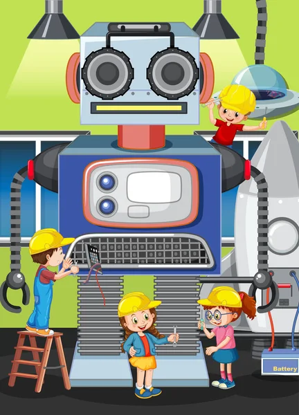 Scena Dziećmi Budowa Robota Razem Ilustracja — Wektor stockowy