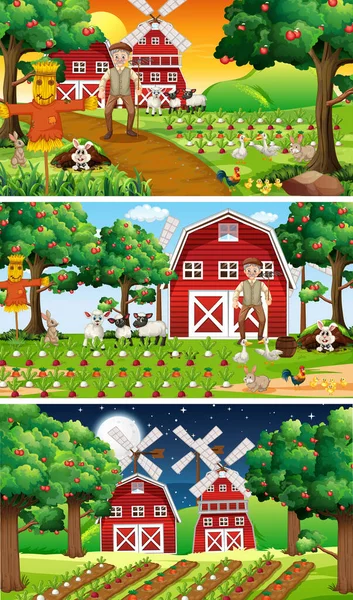 Different Farm Scenes Old Farmer Animal Cartoon Character Illustration — Stock Vector