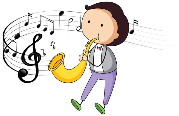 Personaje Dibujos Animados Doodle Hombre Tocando Saxofón Con Símbolos Musicales — Archivo Imágenes Vectoriales