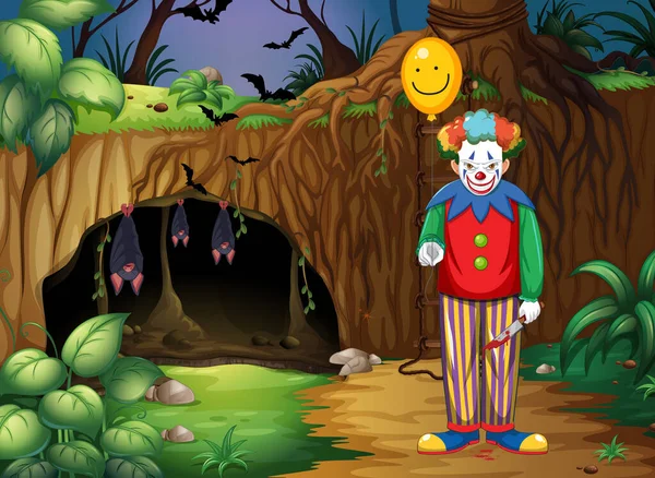 Dark Forest Scene Creepy Clown Cartoon Character Illustration — Stock Vector
