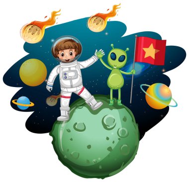 Gezegen çiziminde duran astronot