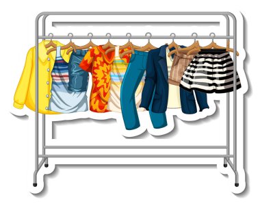 Beyaz arkaplan illüstrasyonundaki askılarda birçok giysi bulunan bir elbise etiketi tasarımı