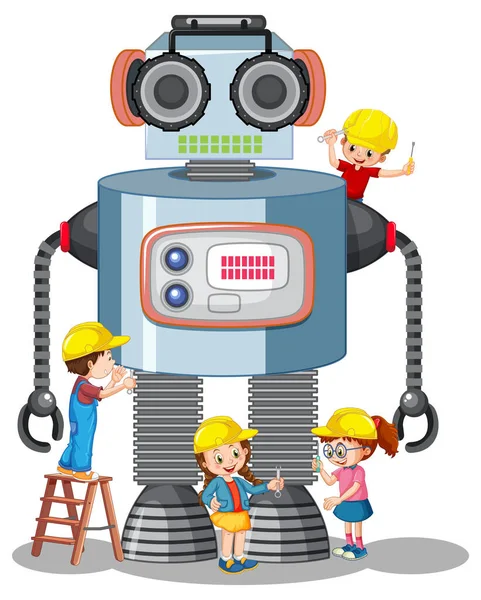 Niños Construyendo Robot Juntos Sobre Fondo Blanco Ilustración — Archivo Imágenes Vectoriales