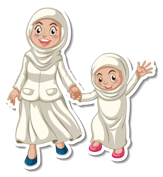 Ett Klistermärke Mall Med Muslimska Människor Mor Och Dotter Illustration — Stock vektor