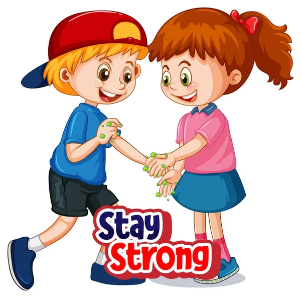 Two Kids Cartoon Character Keep Social Distance Stay Strong Font — Stock Vector