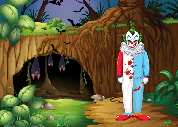 Dark Forest Scene Creepy Clown Cartoon Character Illustration — Stock Vector