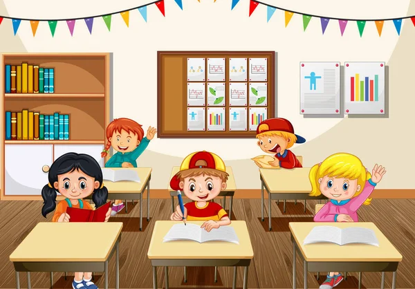 Sınıfta birçok çocuğun okuduğu bir sahne.