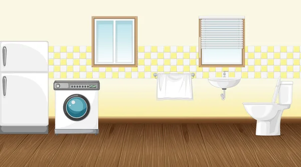 Cena Com Máquina Lavar Roupa Geladeira Ilustração Banheiro —  Vetores de Stock