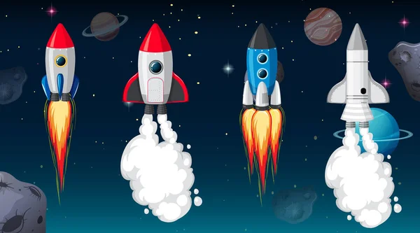 Diferentes Naves Cohete Escena Espacial Ilustración — Vector de stock