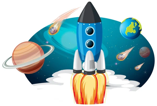 Raketenschiff Mit Vielen Planeten Und Asteroiden Illustration — Stockvektor