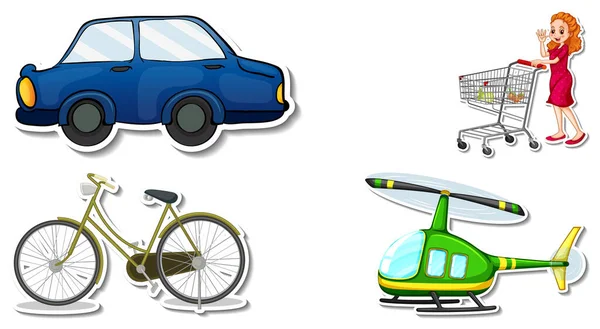 Pegatinas Aleatorias Con Ilustración Objetos Transportables Del Vehículo — Vector de stock