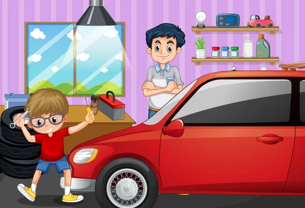 Scene Met Een Jongen Repareren Auto Met Zijn Vader Illustratie — Stockvector