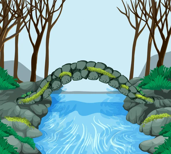 Лесная Сцена Каменным Мостом Пересекает Реку — стоковый вектор