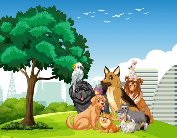 Groupe Animaux Compagnie Dans Scène Parc Illustration — Image vectorielle