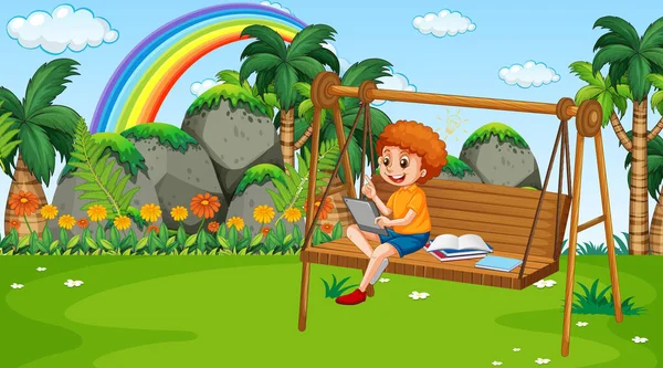 Boy Leaning Online Tablet Swing Chair Park Illustration — Stock Vector