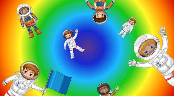 Astronauta Niños Volando Arco Iris Gradiente Fondo Ilustración — Archivo Imágenes Vectoriales