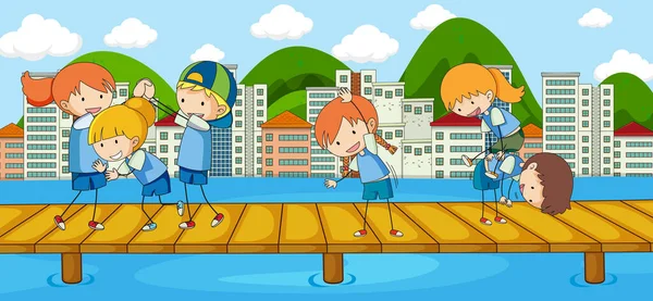 Szene Mit Vielen Kritzelkindern Zeichentrickfigur Auf Der Brücke Über Den — Stockvektor