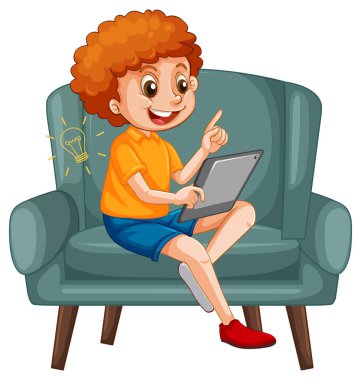 Çocuk kanepede oturuyor ve tablet çiziminden öğreniyor.