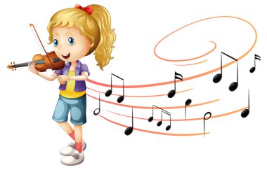 Beyaz arkaplanda melodi sembolleriyle keman çalan bir kız
