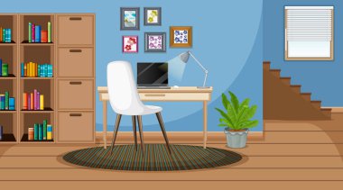 Çalışma odası sahnesinde masanın üstünde dizüstü bilgisayar vardı.