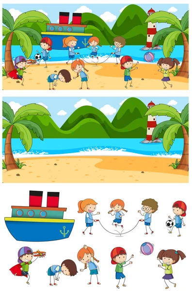 Set Diverse Scene Orizzontali Sfondo Con Doodle Bambini Cartone Animato — Vettoriale Stock
