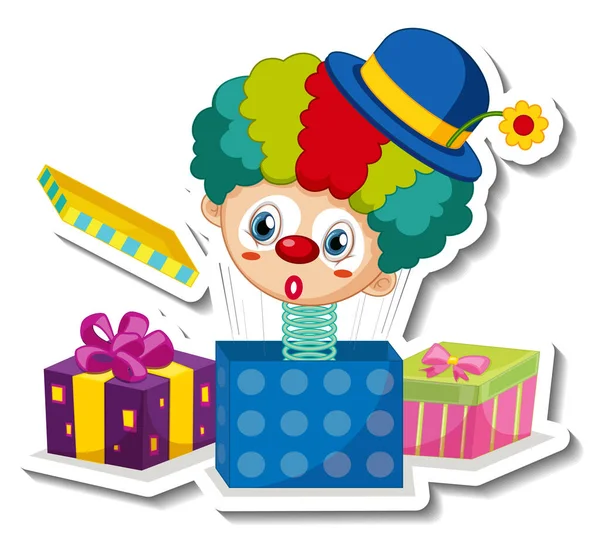 Adesivo Modello Con Simpatico Clown Una Molla Nella Scatola Illustrazione — Vettoriale Stock