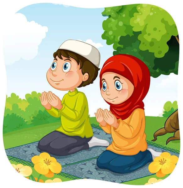 Muslimische Schwester Und Bruder Gebetsposition Zeichentrickfigur Illustration — Stockvektor