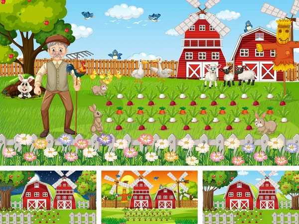 Verschillende Boerderij Scènes Met Oude Boer Man Cartoon Karakter Illustratie — Stockvector