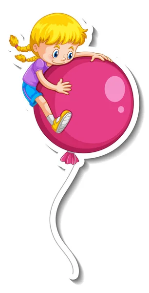 Stickervorlage Mit Vielen Luftballons Die Mit Einer Mädchenillustration Fliegen — Stockvektor