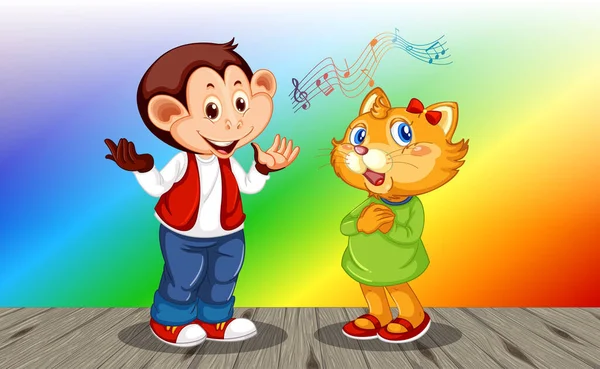 带猫卡通人物的猴子在彩虹梯度背景图上 — 图库矢量图片