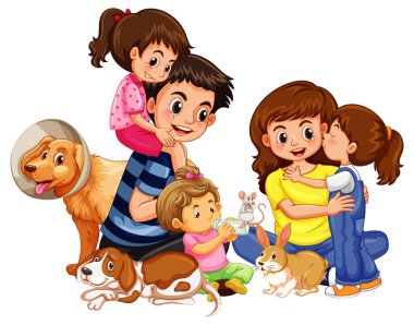 Beyaz arkaplanda evcil hayvanları olan mutlu bir aile.
