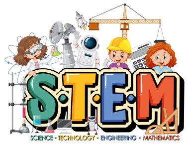 Çocuk çizgi film karakteri illüstrasyonlu STEM eğitim logosu